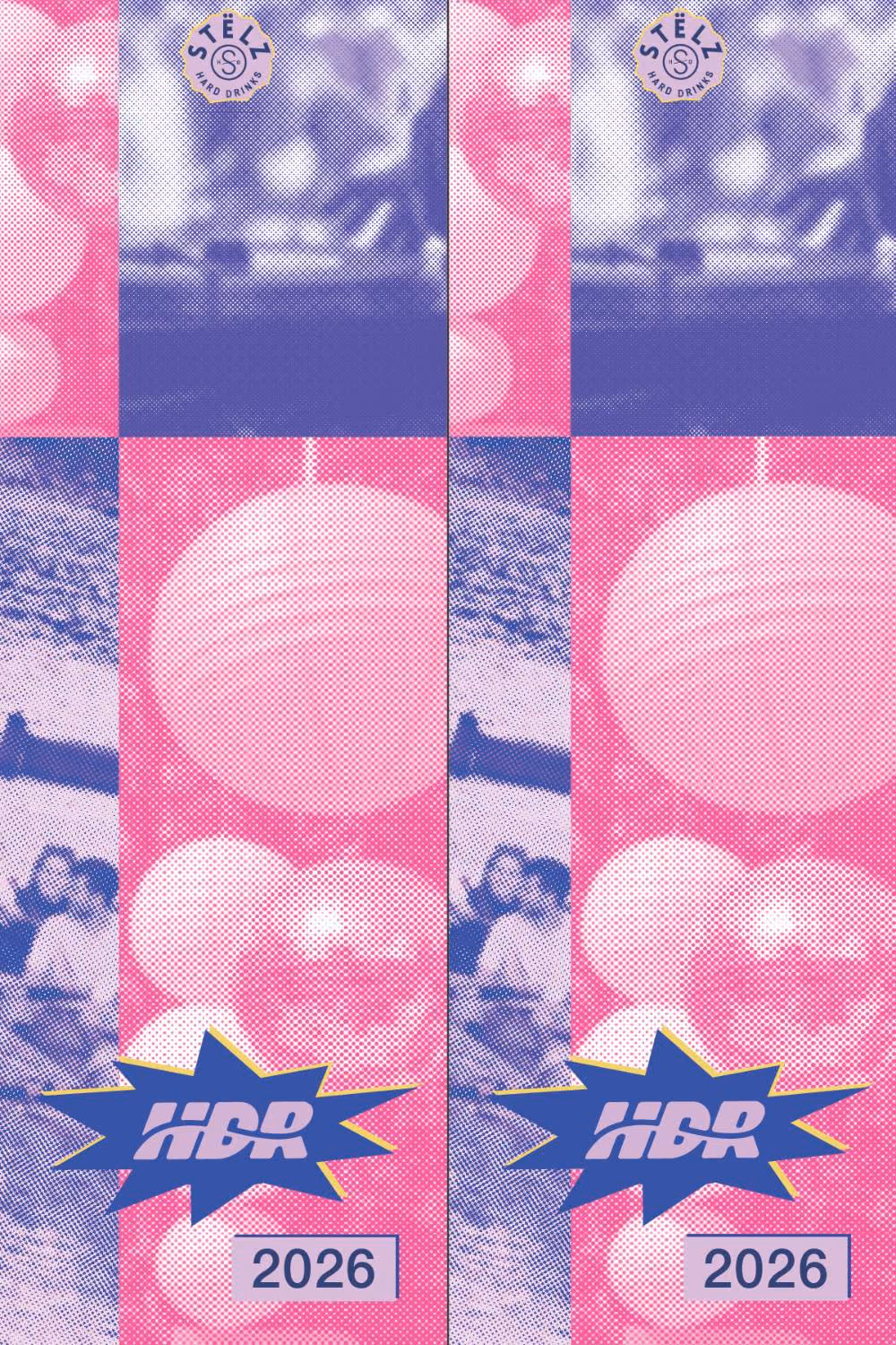 Voorbeeldstrip HGR 2026: roze en paarse rasterfoto’s met het HGR-logo in een ster.